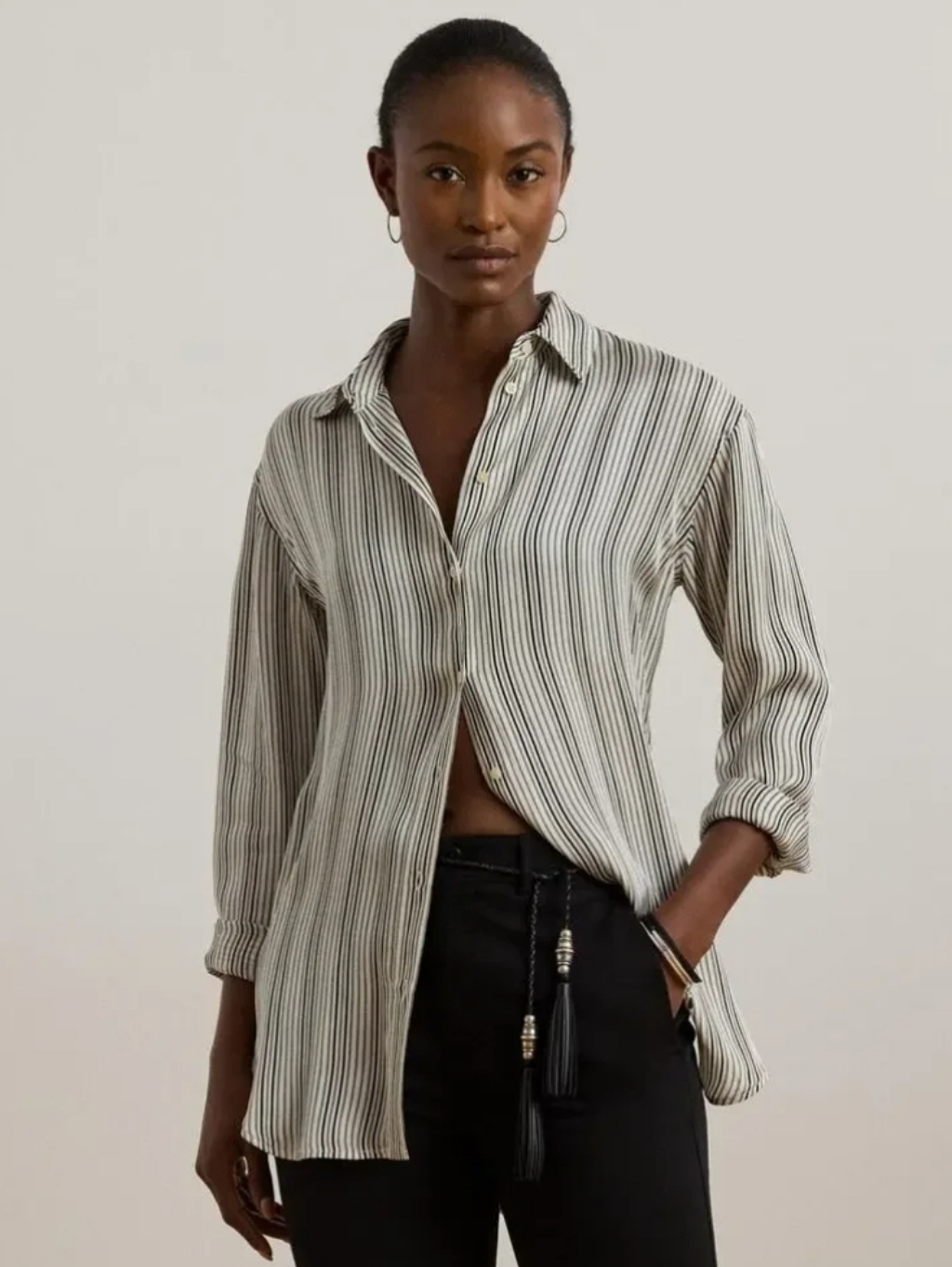 Nwt Lauren Ralph Lauren Relaxed Fit Striped Satin Button-Up Shirt Cream Black Mp